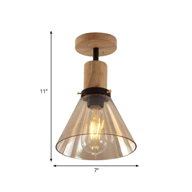 Single Bulb Semi Flush Mount Industrial Cone Amber Glass Ceiling Light in Wood for Foyer