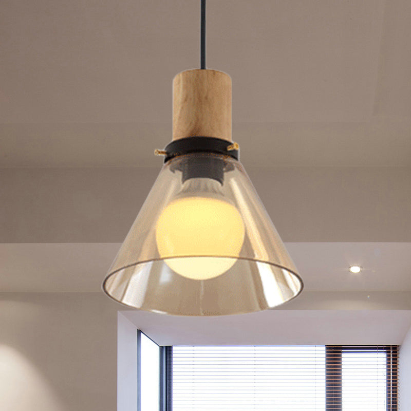 1 Light Pendant Lighting Modern Cone Amber Glass Hanging Ceiling Light with Wooden Cap