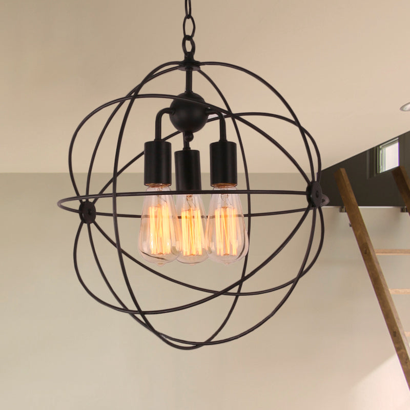 Wire Globe Metal Shade Pendant Light Industrial Style 3 Bulbs Restaurant Hanging Lamp with Chain in Black