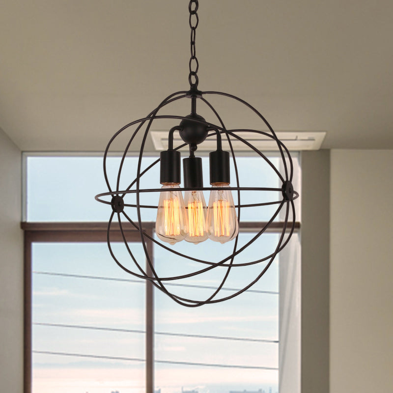 Wire Globe Metal Shade Pendant Light Industrial Style 3 Bulbs Restaurant Hanging Lamp with Chain in Black