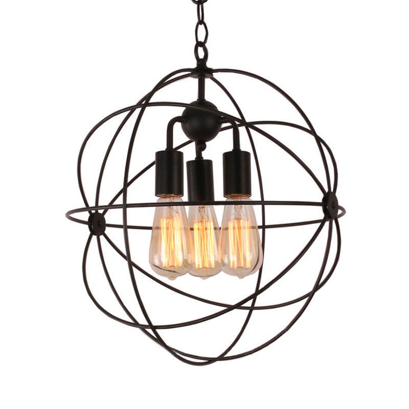 Wire Globe Metal Shade Pendant Light Industrial Style 3 Bulbs Restaurant Hanging Lamp with Chain in Black