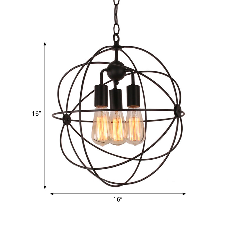 Wire Globe Metal Shade Pendant Light Industrial Style 3 Bulbs Restaurant Hanging Lamp with Chain in Black