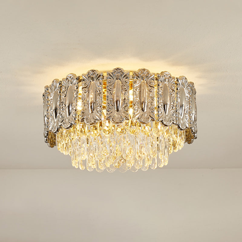 Iron and Crystal Drum Ceiling Flush in Gold Contemporary Flush Mount