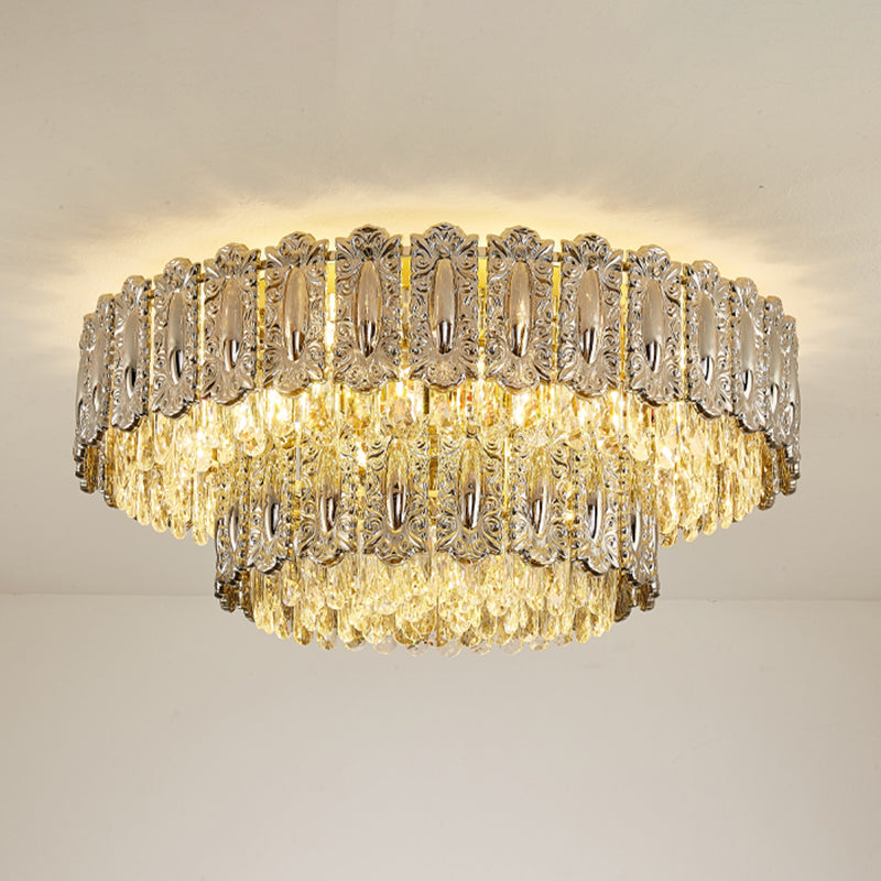 Iron and Crystal Drum Ceiling Flush in Gold Contemporary Flush Mount