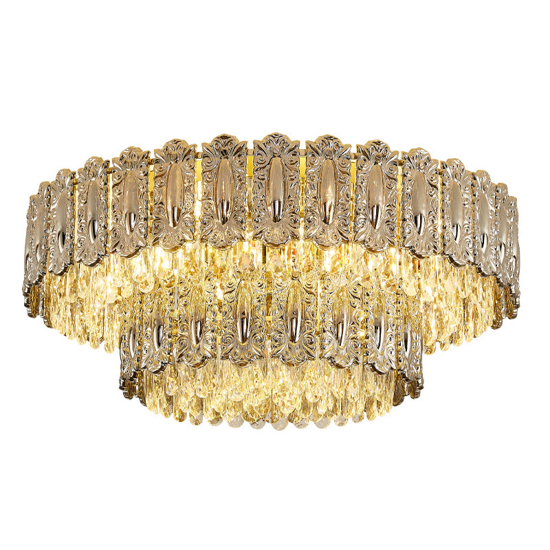 Iron and Crystal Drum Ceiling Flush in Gold Contemporary Flush Mount