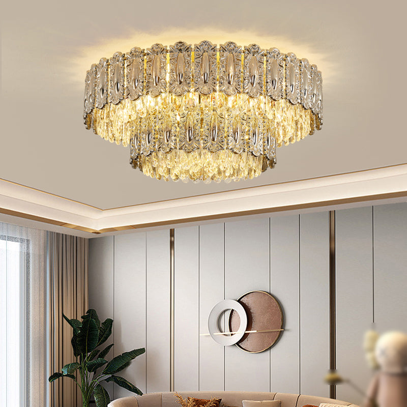 Iron and Crystal Drum Ceiling Flush in Gold Contemporary Flush Mount