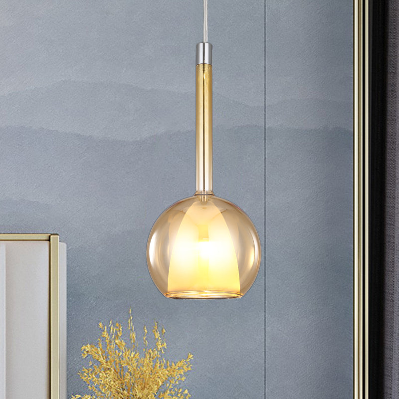 Smoky/Amber/Rose Gold Glass Spherical Suspension Pendant Contemporary 1 Light Black/Nickle/Chrome Led Hanging Light Fixture