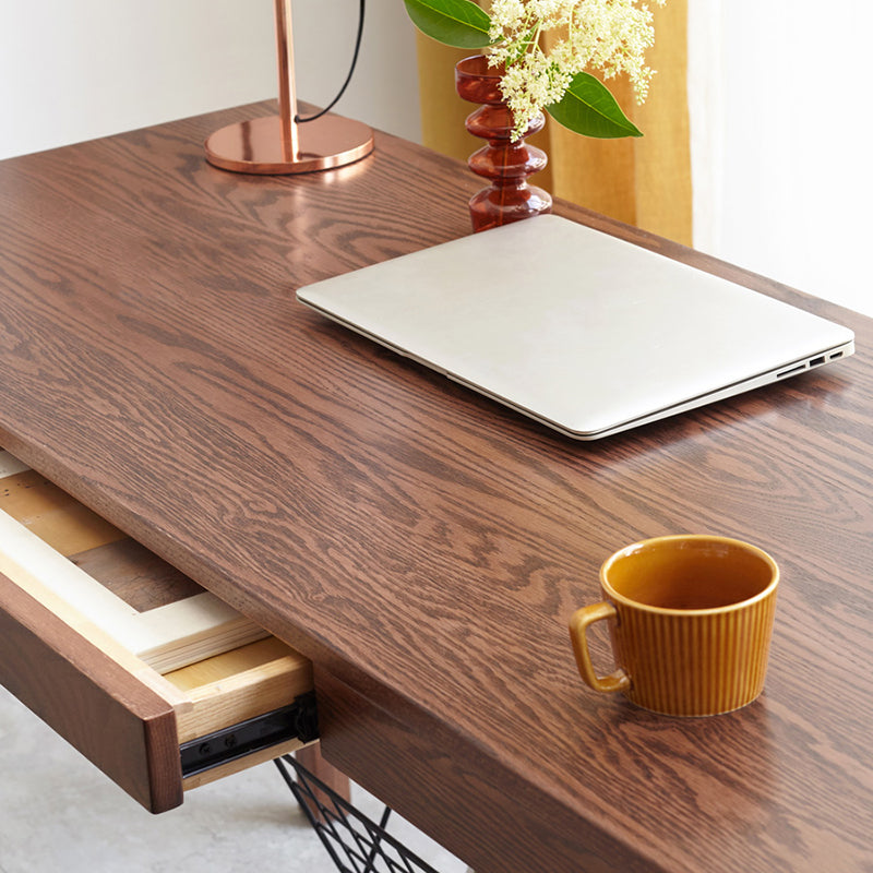 Brown Oak Bedroom Office Desk Single Drawer Parsons Base Writing Desk