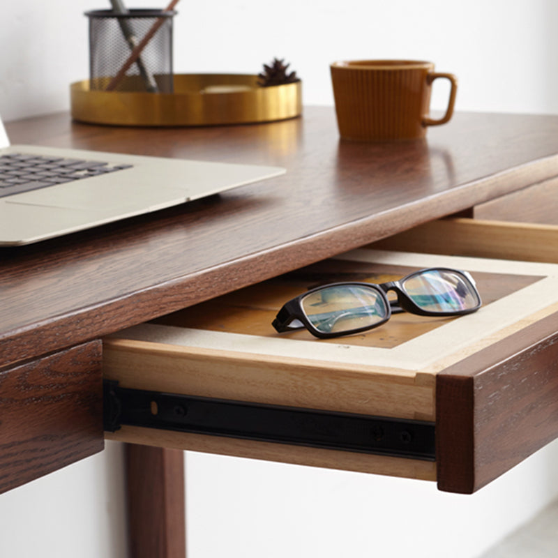 Brown Oak Bedroom Office Desk Single Drawer Parsons Base Writing Desk