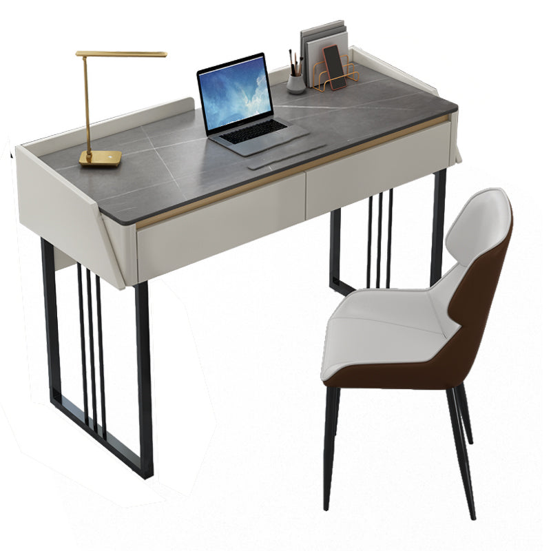 Rectangular Shaped Office Laptop Table Stone Writing Desk in Grey/White