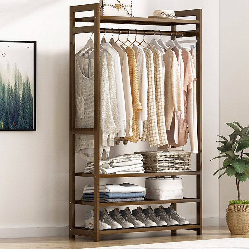 Traditional Clothes Hanger Solid Wood Coat Rack with Storage Shelves