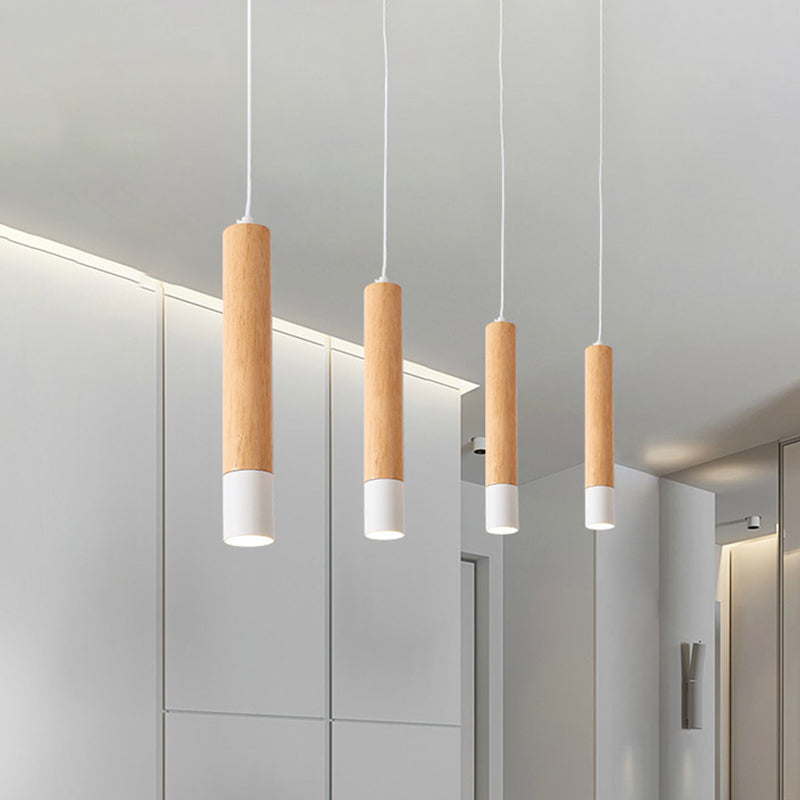 22.5"/26"/30" H Tube LED Pendant Light Modern Wooden Study Room Ceiling Lamp with Black/White Tip in Warm/White Light