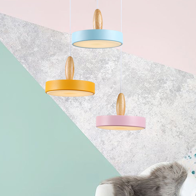 Circle Metal Hanging Pendant Light Contemporary 3 Lights Blue and Pink and Yellow Ceiling Light