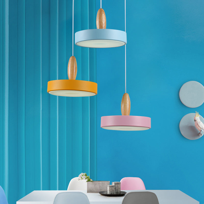 Circle Metal Hanging Pendant Light Contemporary 3 Lights Blue and Pink and Yellow Ceiling Light