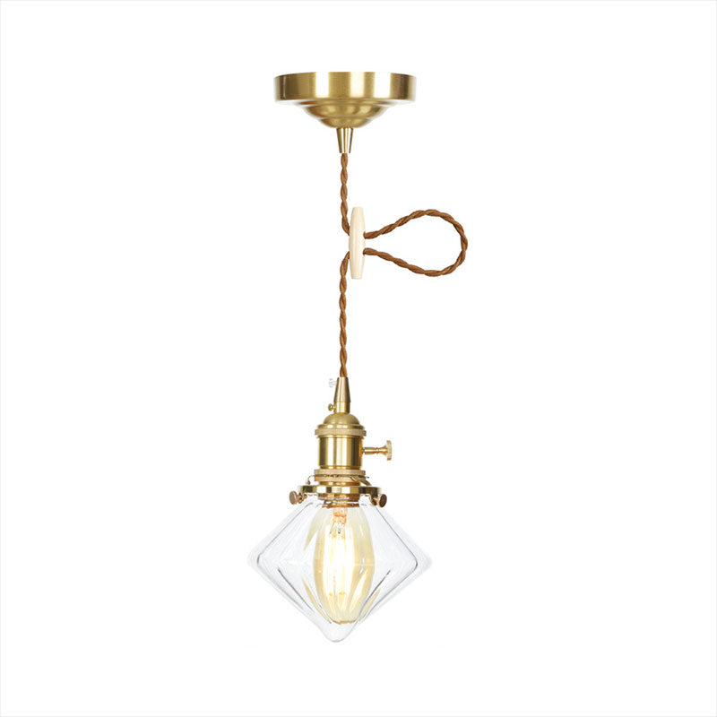 Single Light Gem Suspension Light with Clear Ribbed Glass Vintage Pendant Light in Brass