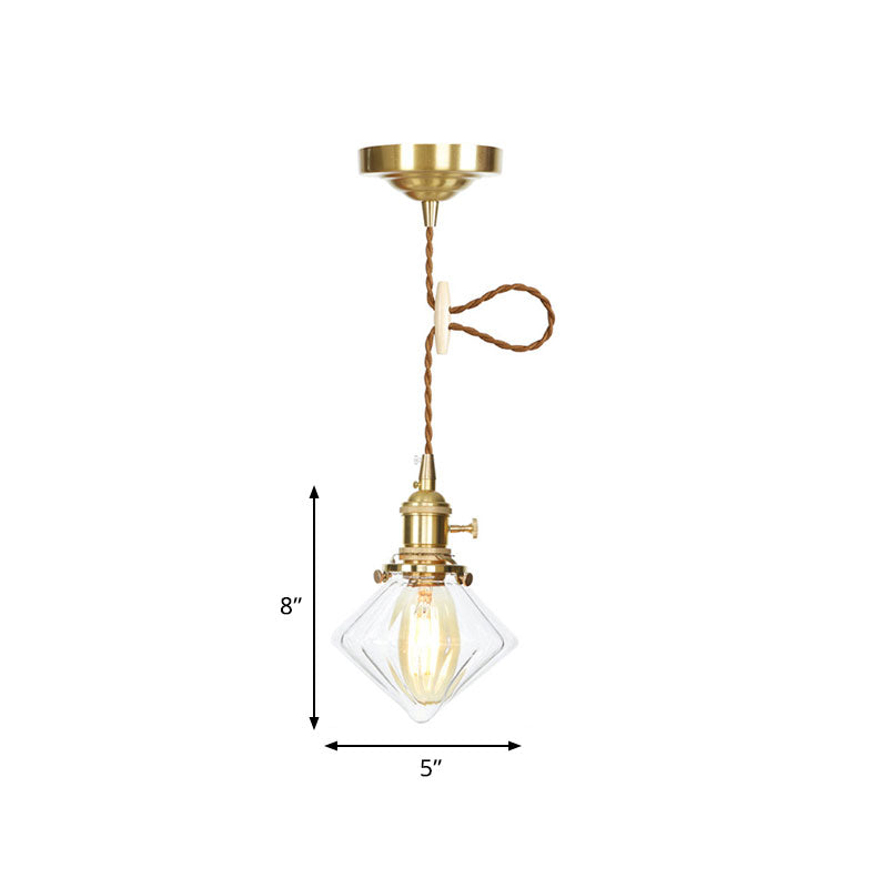 Single Light Gem Suspension Light with Clear Ribbed Glass Vintage Pendant Light in Brass