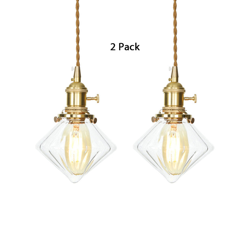 Single Light Gem Suspension Light with Clear Ribbed Glass Vintage Pendant Light in Brass