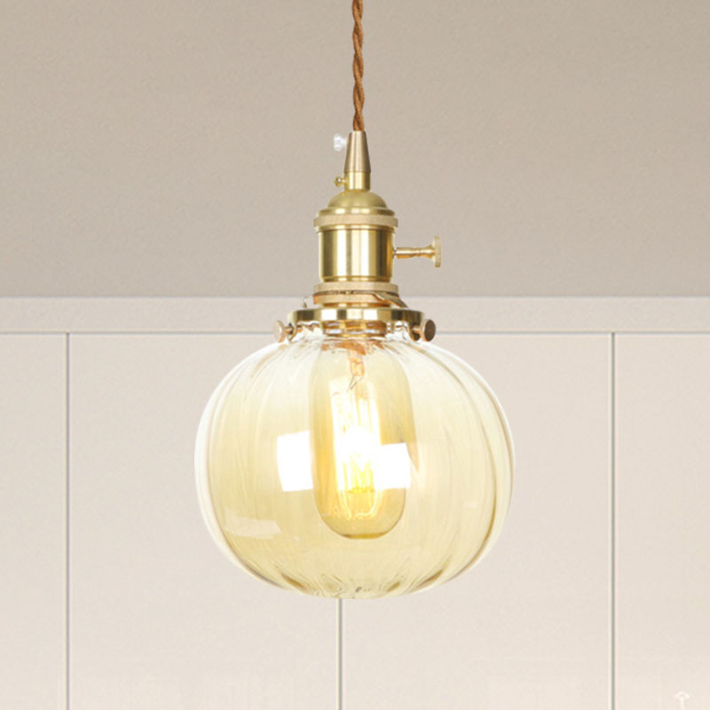 Melon Shape Pendant Lamp Amber Glass Retro Vintage Hanging Lamp for Dining Room