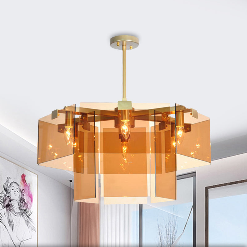 Modern 6/8 Lights Chandelier Pendant with Clear Acrylic Panel Shade Brown/Amber/Smoke Grey Geometric Ceiling Lamp