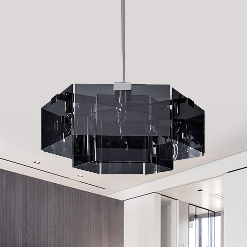 Modern 6/8 Lights Chandelier Pendant with Clear Acrylic Panel Shade Brown/Amber/Smoke Grey Geometric Ceiling Lamp