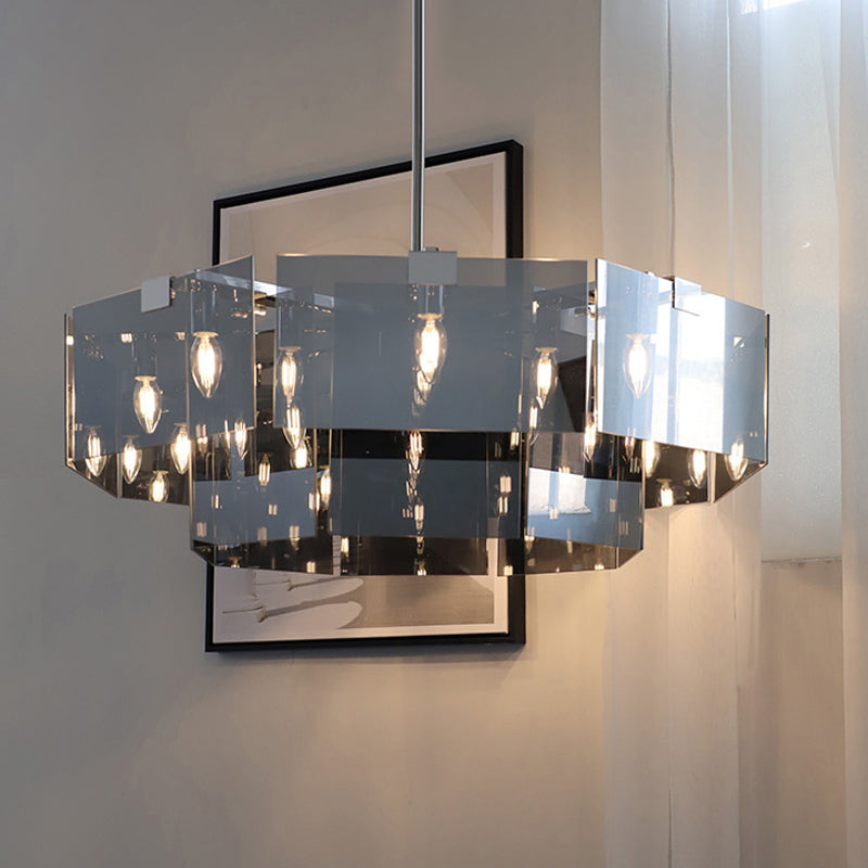 Modern 6/8 Lights Chandelier Pendant with Clear Acrylic Panel Shade Brown/Amber/Smoke Grey Geometric Ceiling Lamp