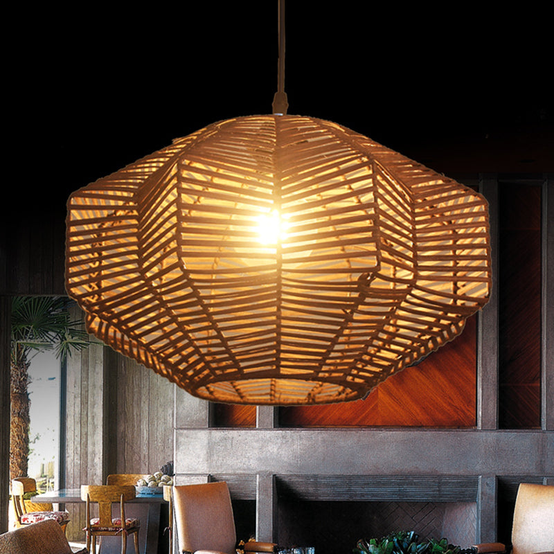 Asian Style Rattan Pendant Lamp with Geometric Shade 1 Head Restaurant Ceiling Pendant Light