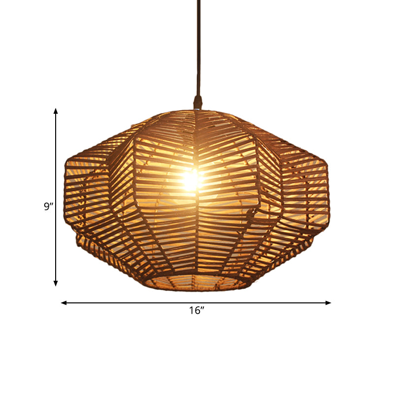 Asian Style Rattan Pendant Lamp with Geometric Shade 1 Head Restaurant Ceiling Pendant Light