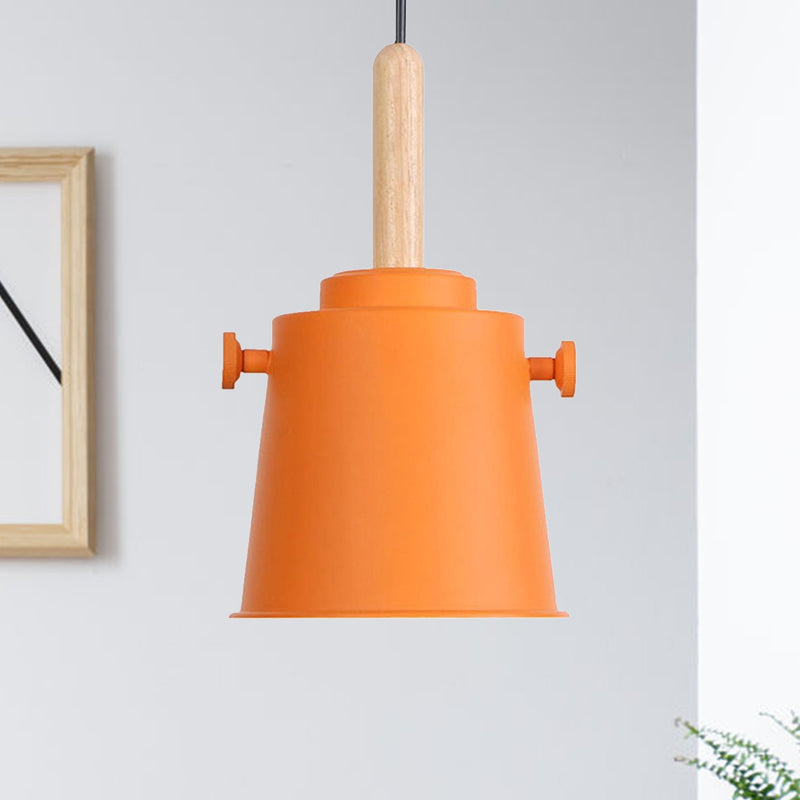 Modern Bucket Hanging Lamp with Adjustable Cord Single Light Metal Pendant Light in Wood