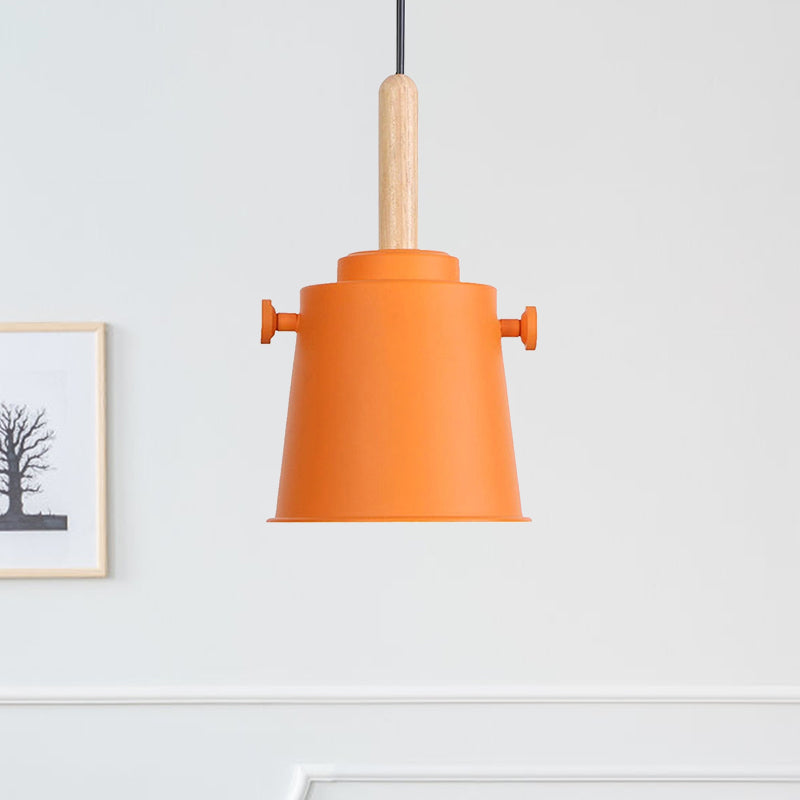 Modern Bucket Hanging Lamp with Adjustable Cord Single Light Metal Pendant Light in Wood