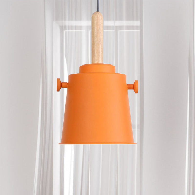 Modern Bucket Hanging Lamp with Adjustable Cord Single Light Metal Pendant Light in Wood