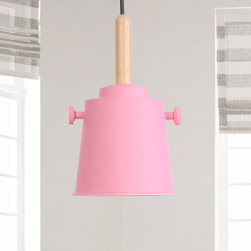 Modern Bucket Hanging Lamp with Adjustable Cord Single Light Metal Pendant Light in Wood