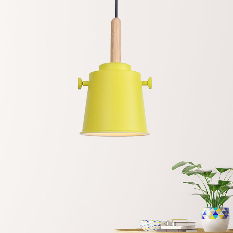 Modern Bucket Hanging Lamp with Adjustable Cord Single Light Metal Pendant Light in Wood