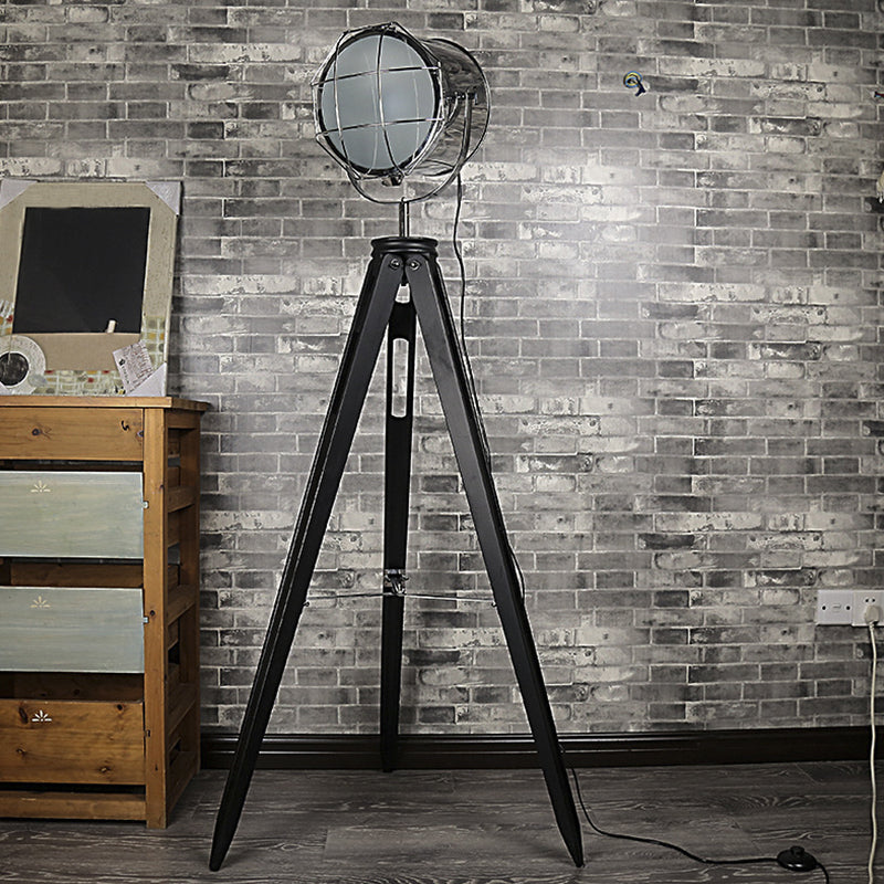 Industrial Loft Tripod Flood Spotlight 1 Light Metal and Wood Standing Floor Lamp in Black/White for Studio