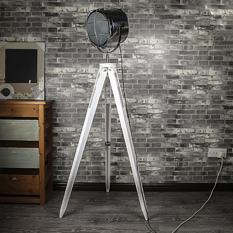 Industrial Loft Tripod Flood Spotlight 1 Light Metal and Wood Standing Floor Lamp in Black/White for Studio