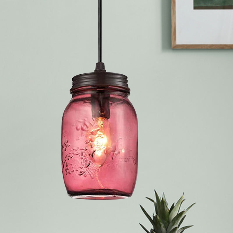 1-Light Pendant Lighting Modern Caged Mason Jar Blown Glass Hanging Ceiling Light in Red/Green/Amber