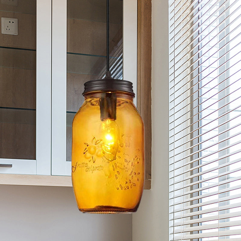 1-Light Pendant Lighting Modern Caged Mason Jar Blown Glass Hanging Ceiling Light in Red/Green/Amber