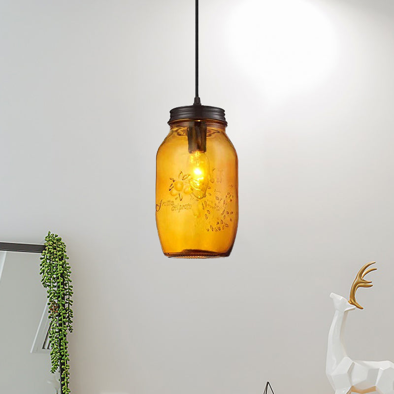 1-Light Pendant Lighting Modern Caged Mason Jar Blown Glass Hanging Ceiling Light in Red/Green/Amber