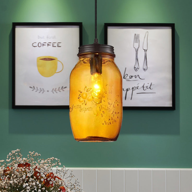 1-licht hanglampverlichting Moderne gekooide Mason Jar geblazen glashangend plafondlicht in rood/groen/barnsteen