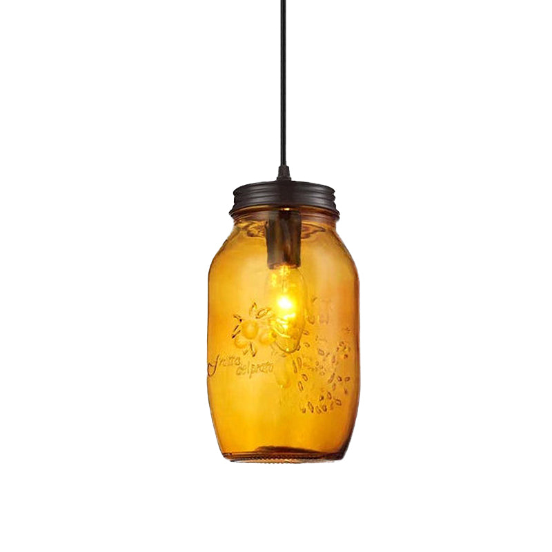 1-Light Pendant Lighting Modern Caged Mason Jar Blown Glass Hanging Ceiling Light in Red/Green/Amber