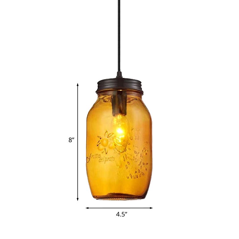 1-Light Pendant Lighting Modern Caged Mason Jar Blown Glass Hanging Ceiling Light in Red/Green/Amber