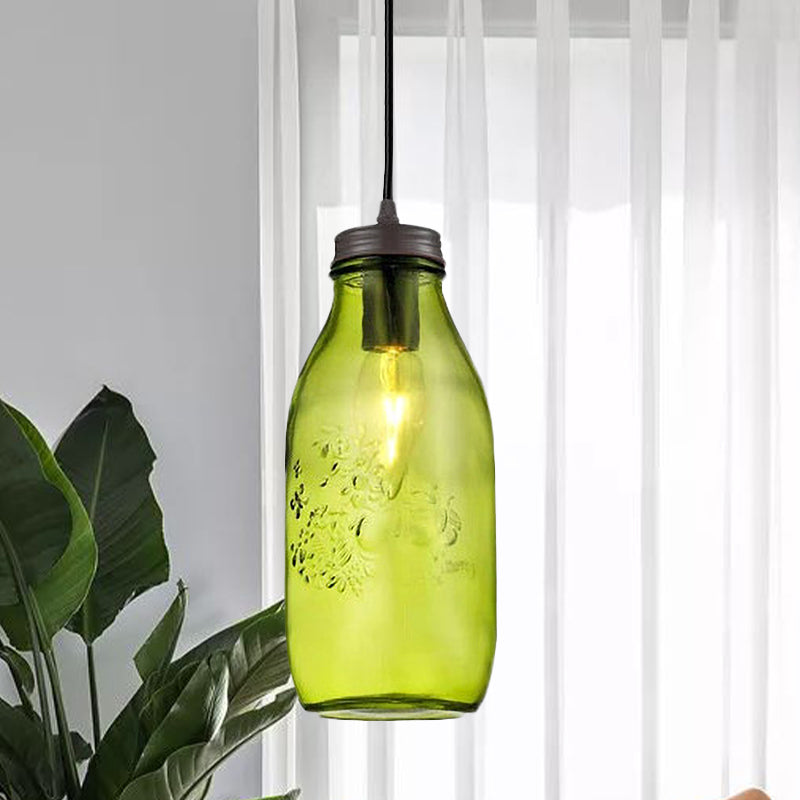 1-Light Pendant Lighting Modern Caged Mason Jar Blown Glass Hanging Ceiling Light in Red/Green/Amber