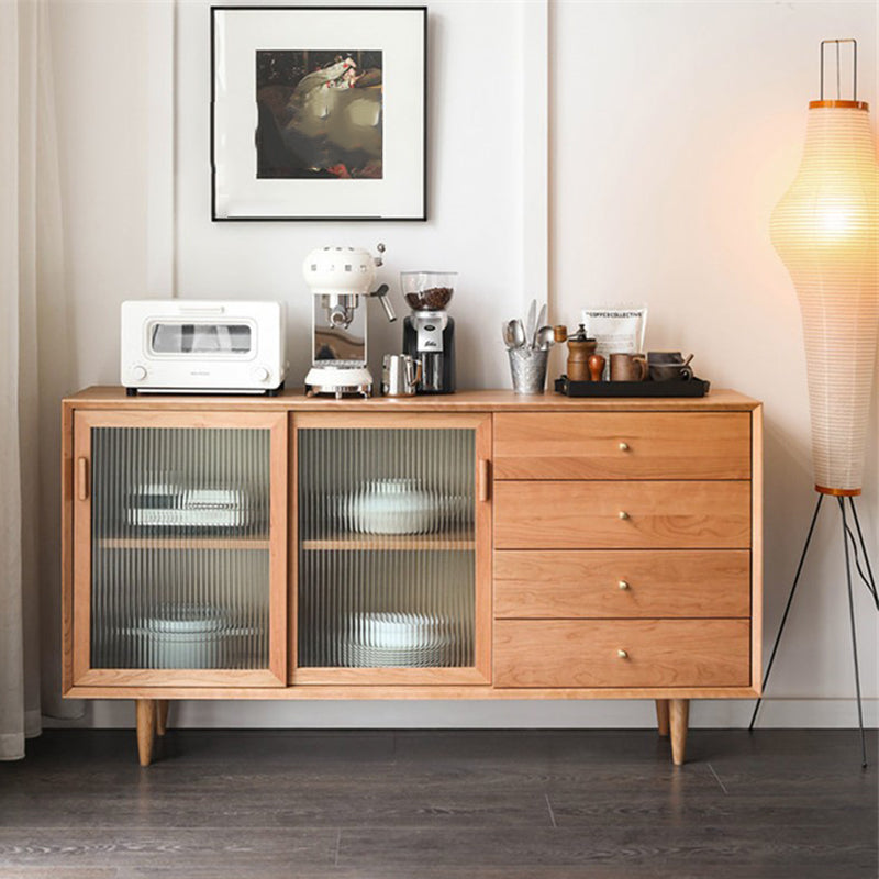 Contemporary Glass Doors Solid Wood Sideboard Cabinet with Cabinets and Drawers