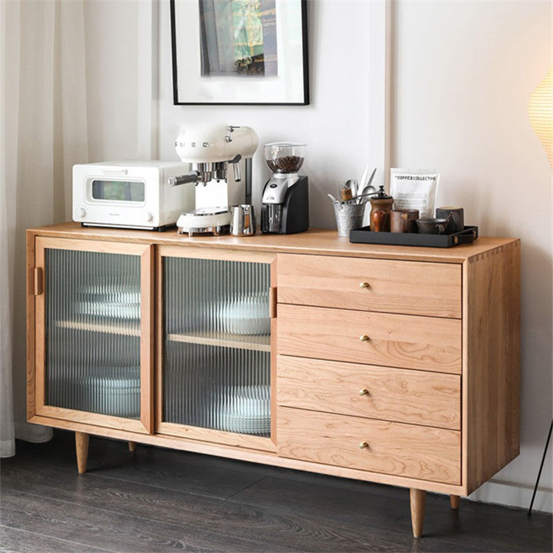 Contemporary Glass Doors Solid Wood Sideboard Cabinet with Cabinets and Drawers