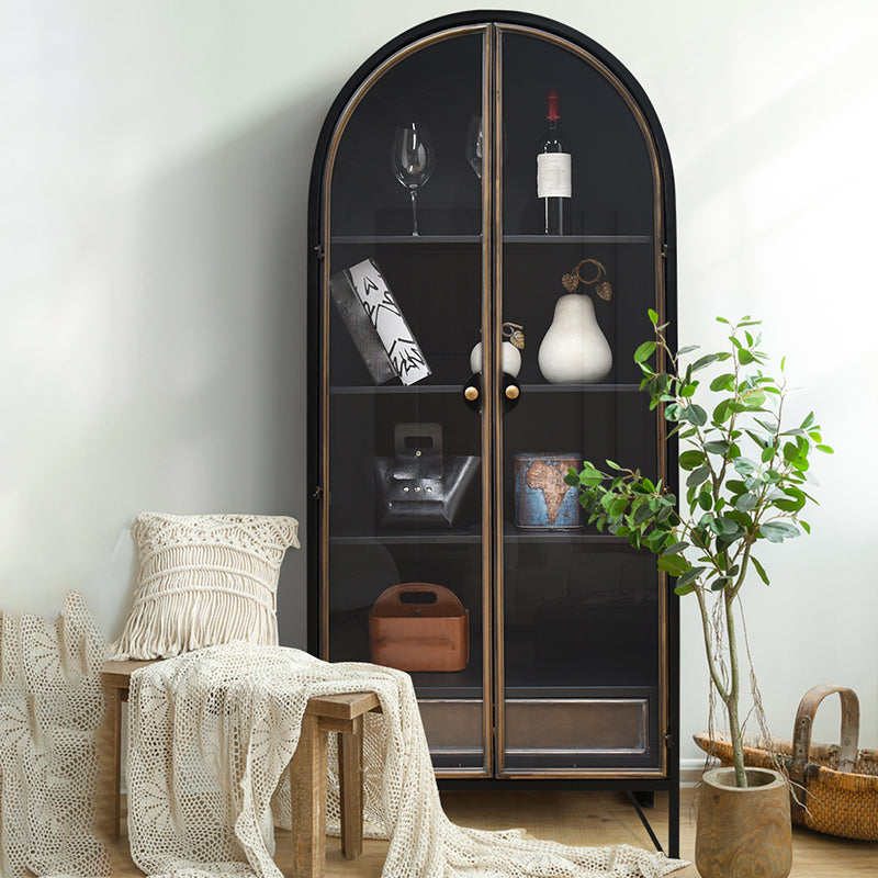 Contemporary Glass Doors Display Cabinet with Iron Base for Living Room