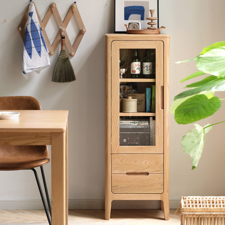 Solid Wood Glass Paned Grooves Accent Cabinet with Door and Drawer