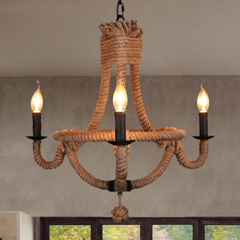 3 Lights Candle Chandelier Light Country Style Black Metal Ceiling Pendant Light with Rope Detail