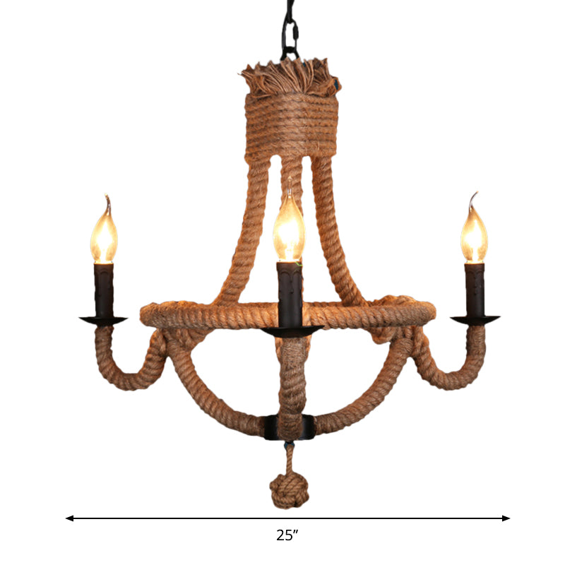 3 Lights Candle Chandelier Light Country Style Black Metal Ceiling Pendant Light with Rope Detail