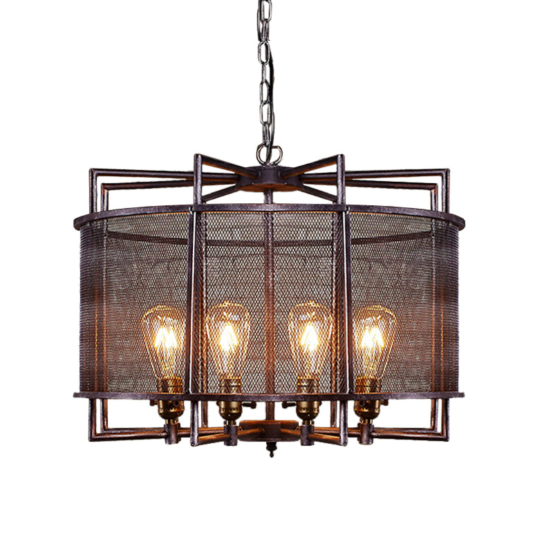 Metal Mesh Drum Chandelier Lighting Rustic Loft Multi Light Farmhouse Hanging Lamp in Rust