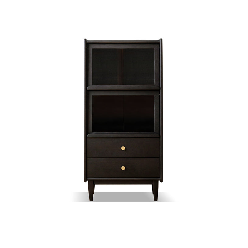 Black Solid Wood Curio Cabinet Modern Glass Doors with Lighting