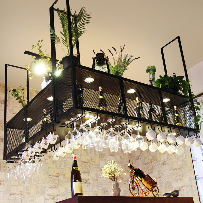 Black Metal Hanging Wine Holder with Glass Holder & Storage Shelf